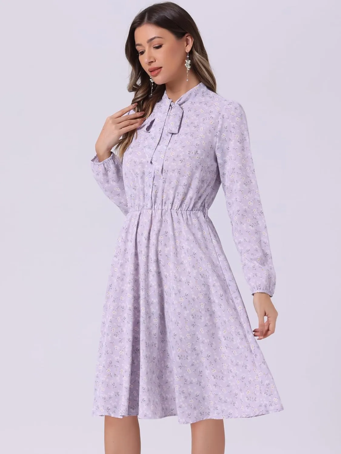 Allegra K Women's Tie Neck Dresses Chiffon Long Sleeve Belted Vintage Floral Dress