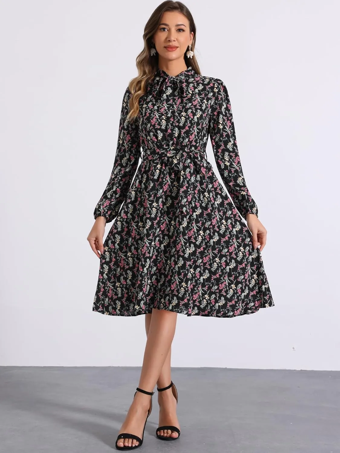 Allegra K Women's Tie Neck Dresses Chiffon Long Sleeve Belted Vintage Floral Dress