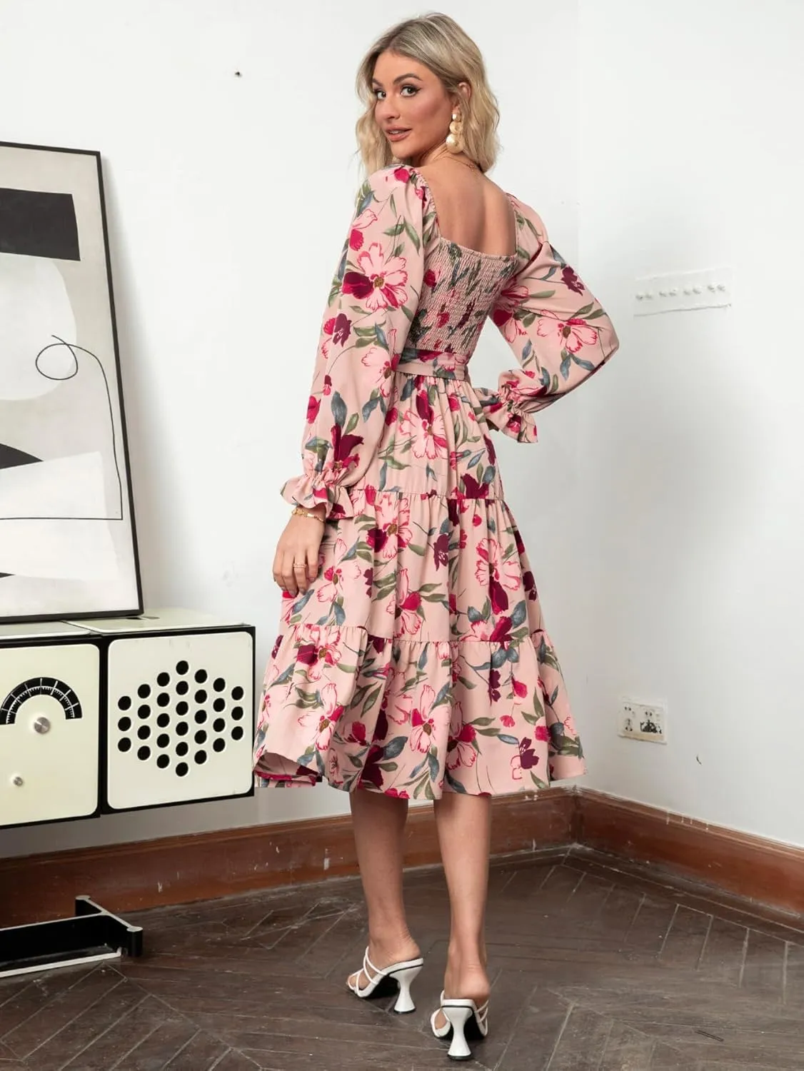 Amegoya Women's Boho Flowy Long Sleeve Square Neck Floral Midi Dress Smocked Spring Fall Wedding Guest Dresses