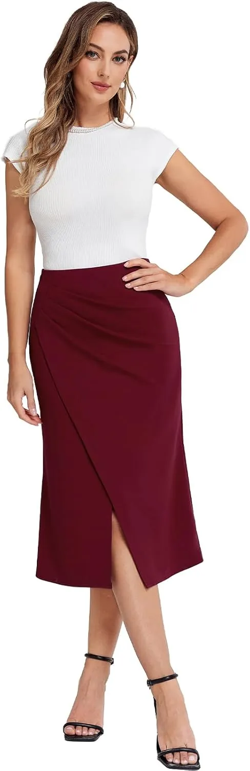 Belle Poque Women's Vintage Wrap Bodycon Pencil Skirts High Waist Knee Length Ruched Work Business Skirt with Slit