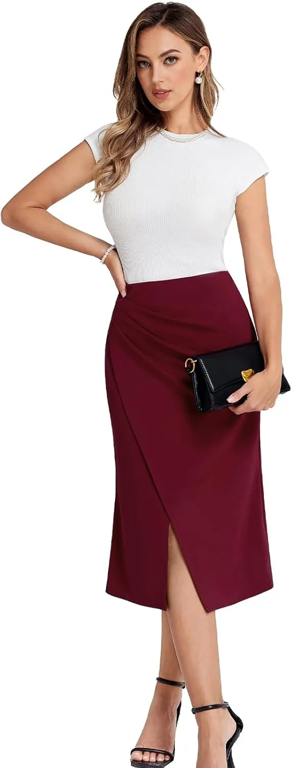 Belle Poque Women's Vintage Wrap Bodycon Pencil Skirts High Waist Knee Length Ruched Work Business Skirt with Slit