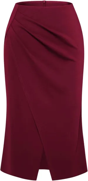 Belle Poque Women's Vintage Wrap Bodycon Pencil Skirts High Waist Knee Length Ruched Work Business Skirt with Slit