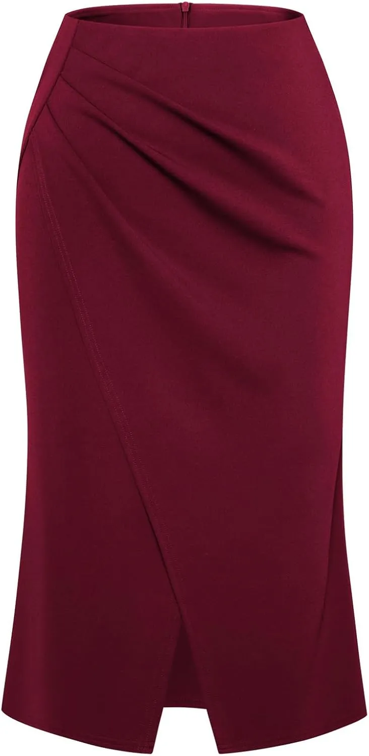 Belle Poque Women's Vintage Wrap Bodycon Pencil Skirts High Waist Knee Length Ruched Work Business Skirt with Slit