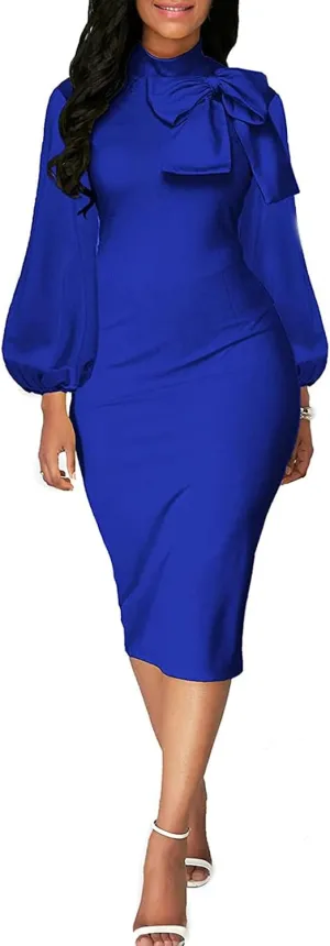BestGirl Women's Bishop Sleeve Bodycon Dresses Work Casual Floral Print Pencil Midi Dresses