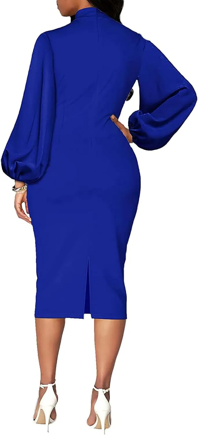 BestGirl Women's Bishop Sleeve Bodycon Dresses Work Casual Floral Print Pencil Midi Dresses