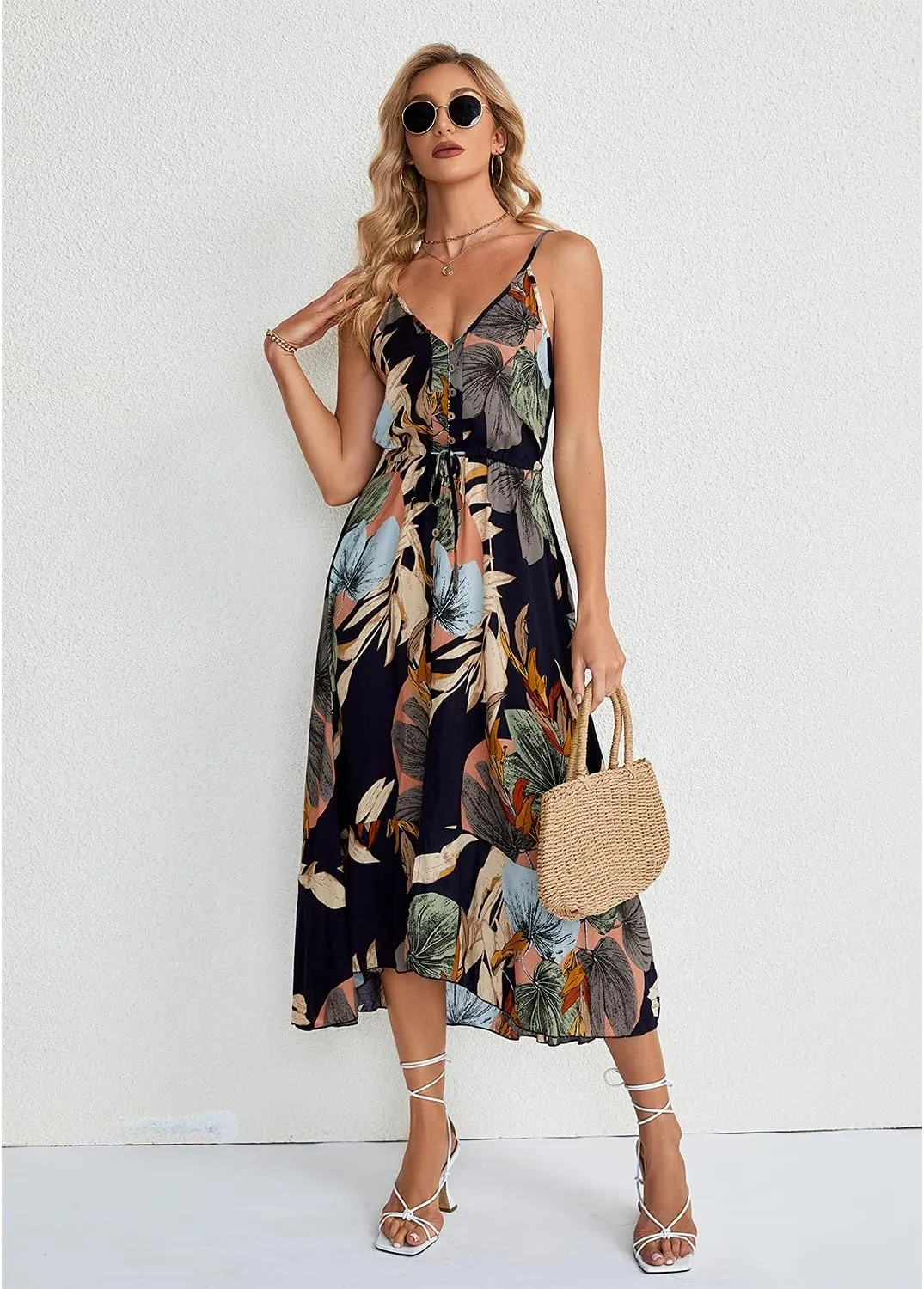 BROVAVE Women's 2025 Summer Casual Boho Sundress Polka Dot Spaghetti Strap V Neck Flowy Midi Dresses