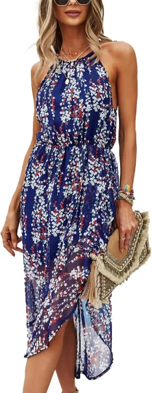 BROVAVE Women's Summer Casual Boho Polka Dot Sundress Halter Neck Flowy Midi Dresses