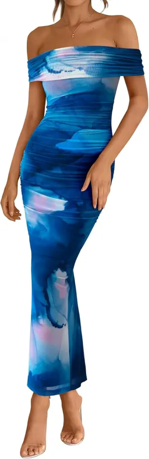 BTFBM Off Shoulder Bodycon Dresses for Women 2025 Summer Ruched Split Mesh Cocktail Party Club Floral Maxi Dress