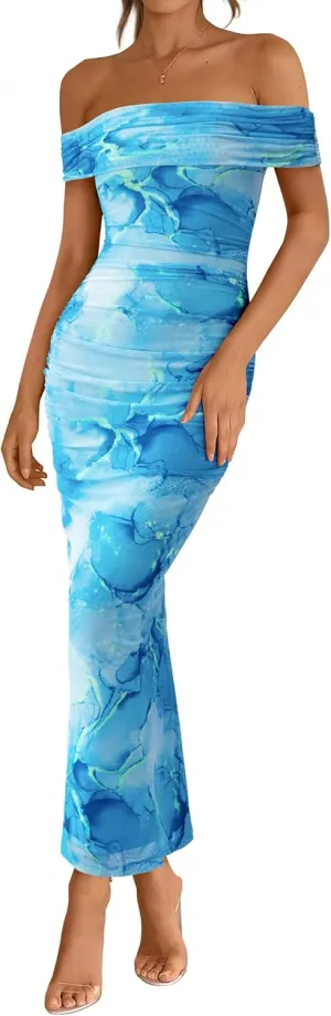 BTFBM Off Shoulder Bodycon Dresses for Women 2025 Summer Ruched Split Mesh Cocktail Party Club Floral Maxi Dress