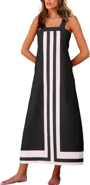 Fiona Jolin Womens Summer Maxi Dress Boho Striped Shoulder Strap Long Sundress Beach Cover Up Dress