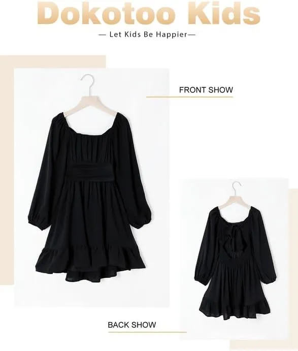 Girls Casual Long Sleeve Ruffle Hem Tie Back Off Shoulder Dresses 4-15 Years