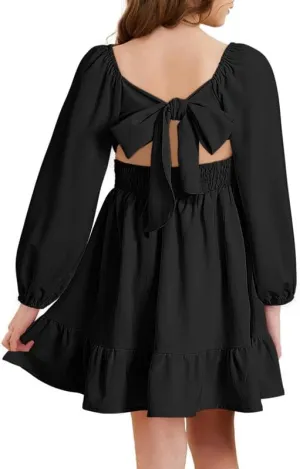 Girls Casual Long Sleeve Ruffle Hem Tie Back Off Shoulder Dresses 4-15 Years