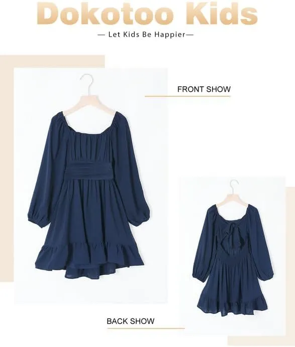 Girls Casual Long Sleeve Ruffle Hem Tie Back Off Shoulder Dresses 4-15 Years