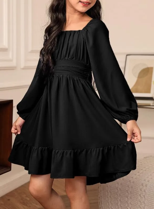 Girls Casual Long Sleeve Ruffle Hem Tie Back Off Shoulder Dresses 4-15 Years