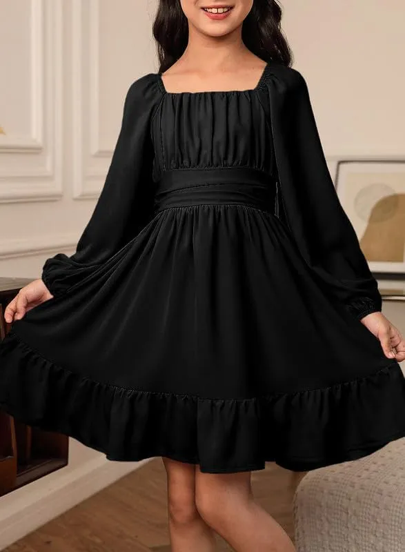 Girls Casual Long Sleeve Ruffle Hem Tie Back Off Shoulder Dresses 4-15 Years