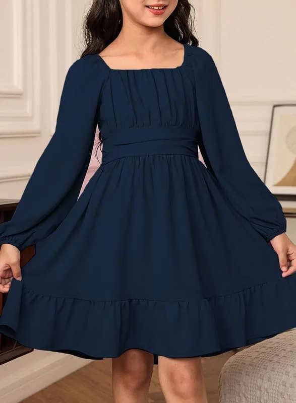 Girls Casual Long Sleeve Ruffle Hem Tie Back Off Shoulder Dresses 4-15 Years