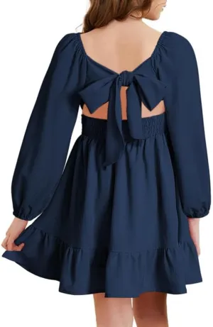 Girls Casual Long Sleeve Ruffle Hem Tie Back Off Shoulder Dresses 4-15 Years