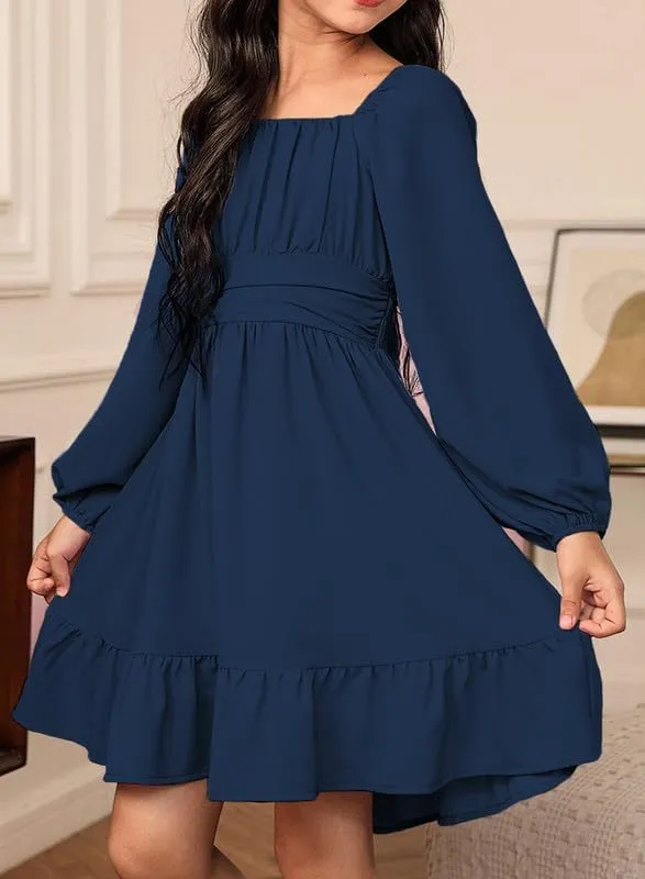 Girls Casual Long Sleeve Ruffle Hem Tie Back Off Shoulder Dresses 4-15 Years