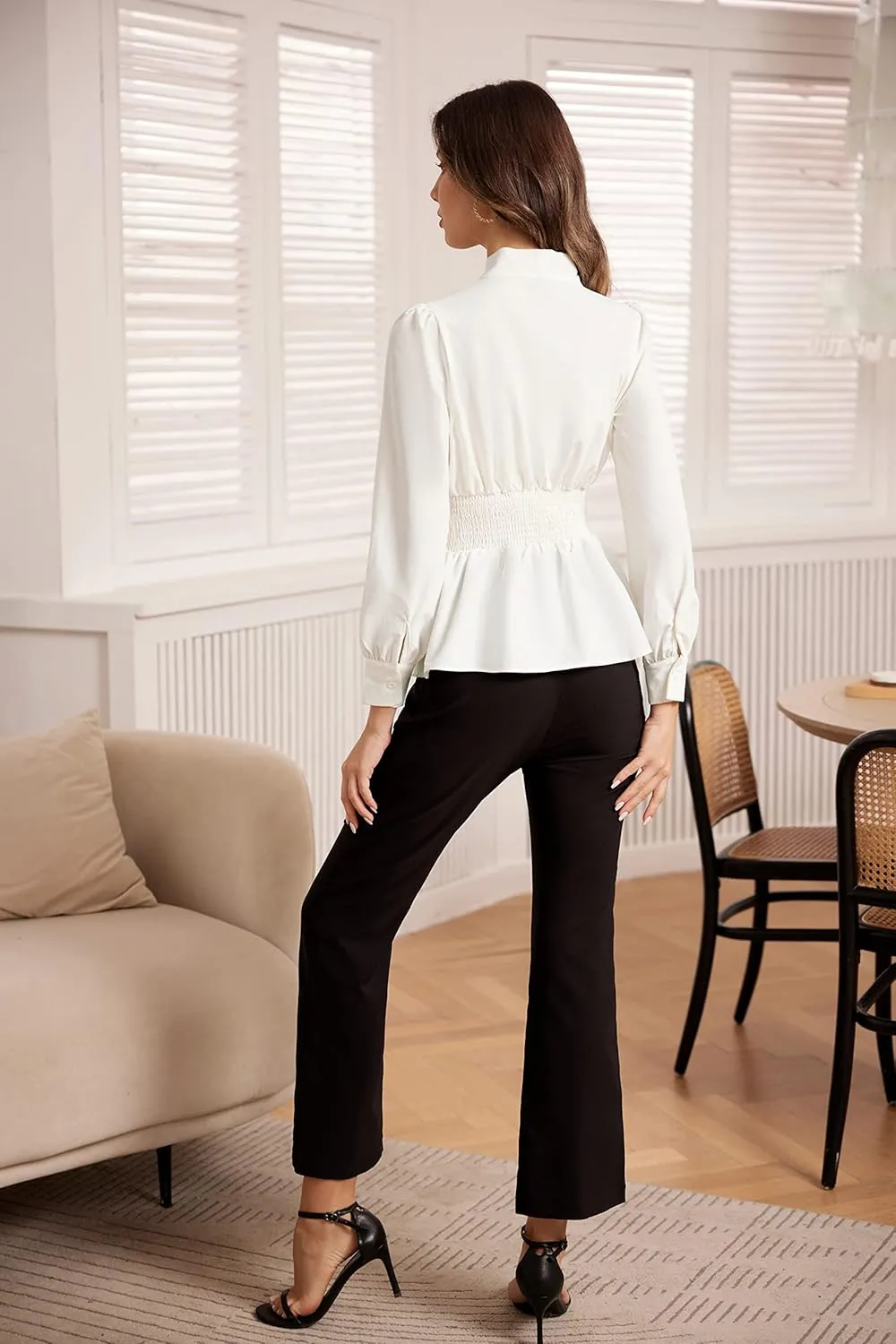 GRACE KARIN Women's 2025 Long Sleeve Peplum Dressy Shirt Office Bow Tie Work Blouses Tops Smocked Waist