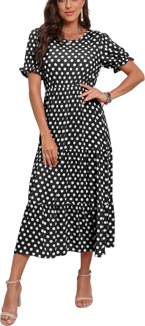 GRECERELLE Women's 2025 Spring Summer Casual Loose Round Neck Boho Dress Ruffle Puff Sleeve High Waist Midi Dress
