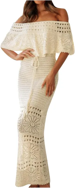 HGps8w Women's Crochet Knitted Off The Shoulder Dress Hollow Lace Up Elegant Beach Party Cover Up Maxi Long Dresses