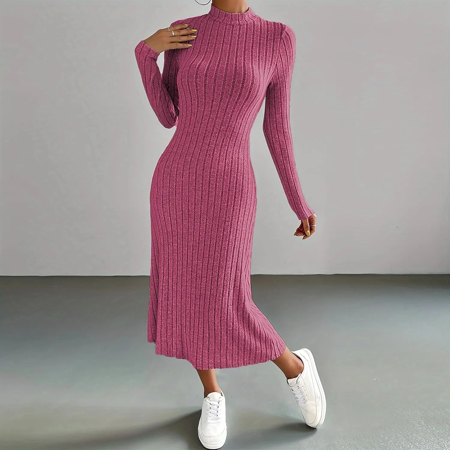 HGps8w Womens Sweater Dresses Long Sleeve Turtleneck Slim Fitted Ribbed Knit Maxi Dress 2025 Trendy Fall Outfits