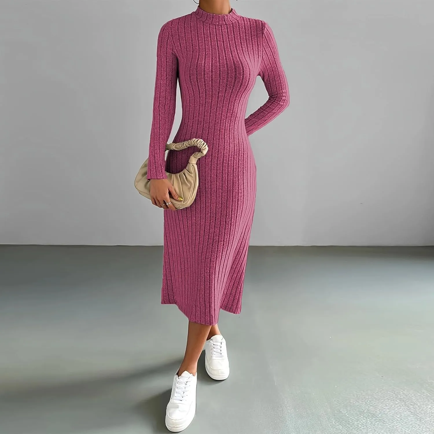 HGps8w Womens Sweater Dresses Long Sleeve Turtleneck Slim Fitted Ribbed Knit Maxi Dress 2025 Trendy Fall Outfits