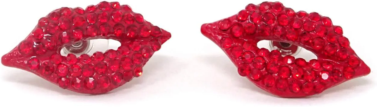 Honbay 1 Pair of Fashion Sexy Red Lip Stud Earrings for Women Kiss Lip Ear Studs Sparkling Rhinestones Crystal Earrings