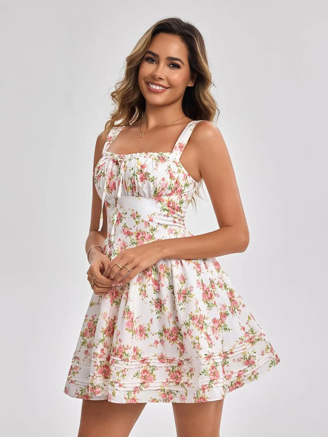 HTZMO Women Summer Casual Square Neck Mini Sundress Corset A Line Flowy Swing Cute Graduation Party Short Dress