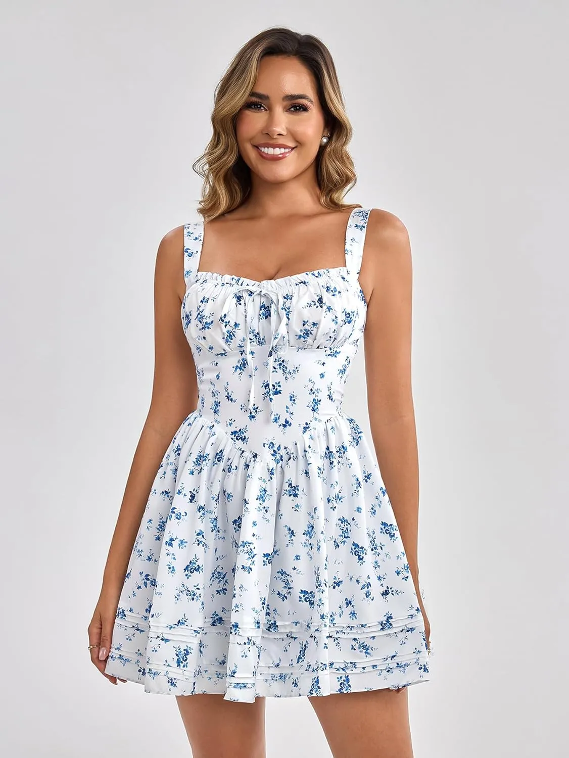 HTZMO Women Summer Casual Square Neck Mini Sundress Corset A Line Flowy Swing Cute Graduation Party Short Dress