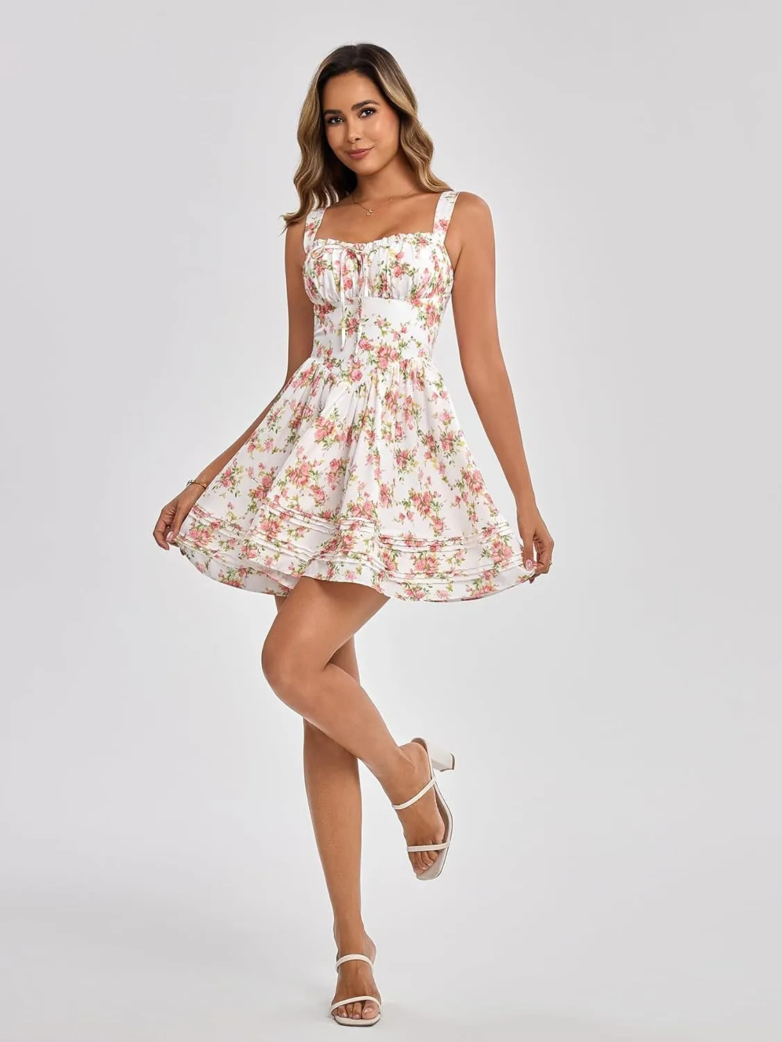 HTZMO Women Summer Casual Square Neck Mini Sundress Corset A Line Flowy Swing Cute Graduation Party Short Dress