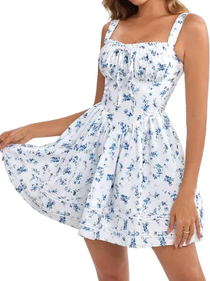 HTZMO Women Summer Casual Square Neck Mini Sundress Corset A Line Flowy Swing Cute Graduation Party Short Dress