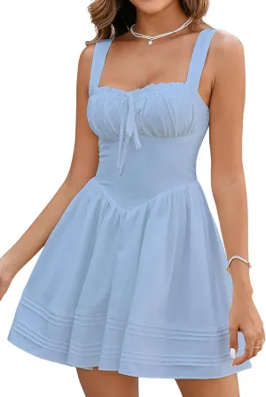 HTZMO Women Summer Casual Square Neck Mini Sundress Corset A Line Flowy Swing Cute Graduation Party Short Dress