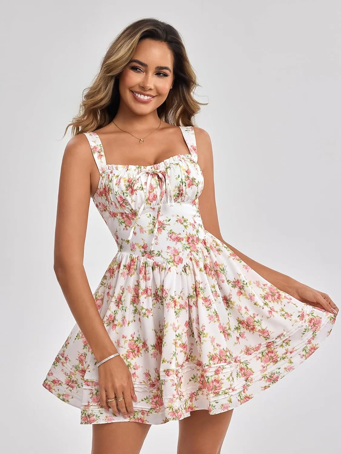 HTZMO Women Summer Casual Square Neck Mini Sundress Corset A Line Flowy Swing Cute Graduation Party Short Dress