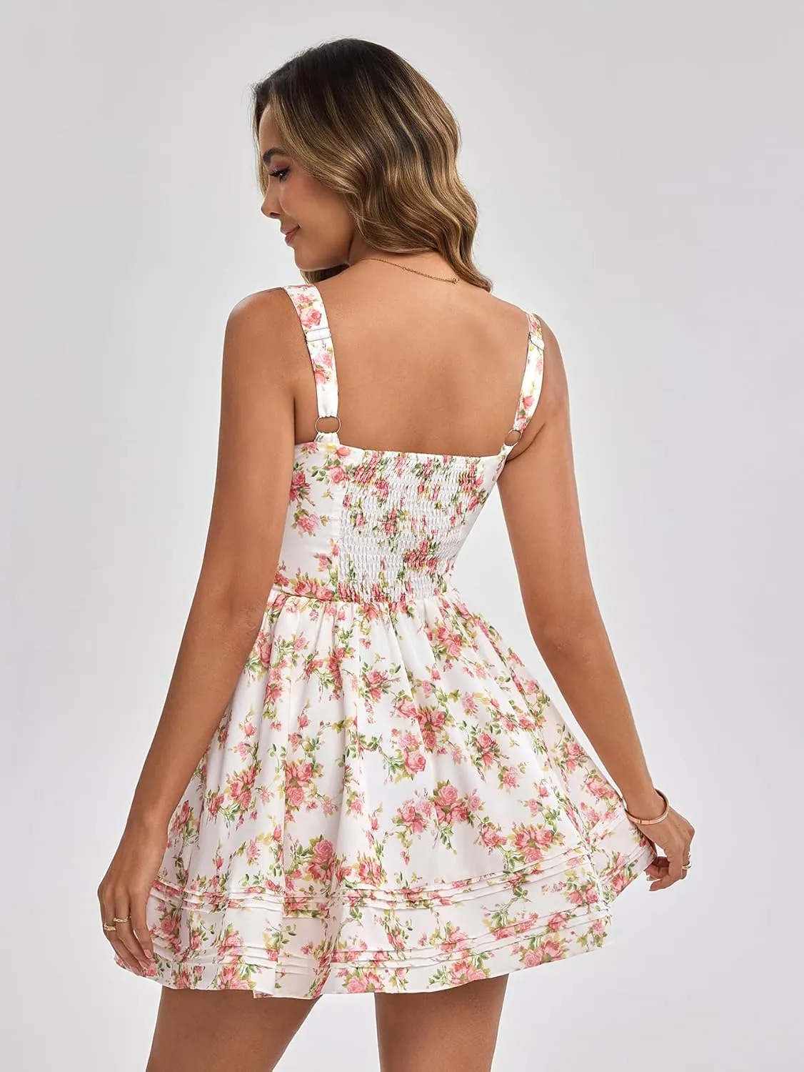 HTZMO Women Summer Casual Square Neck Mini Sundress Corset A Line Flowy Swing Cute Graduation Party Short Dress