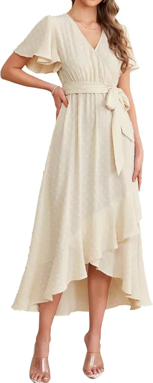 KUTUMAI Women 2024 Swiss Dot Maxi Dress V Neck Wrap Belted Ruffle A Line Flowy Boho Wedding Guest Long Dresses