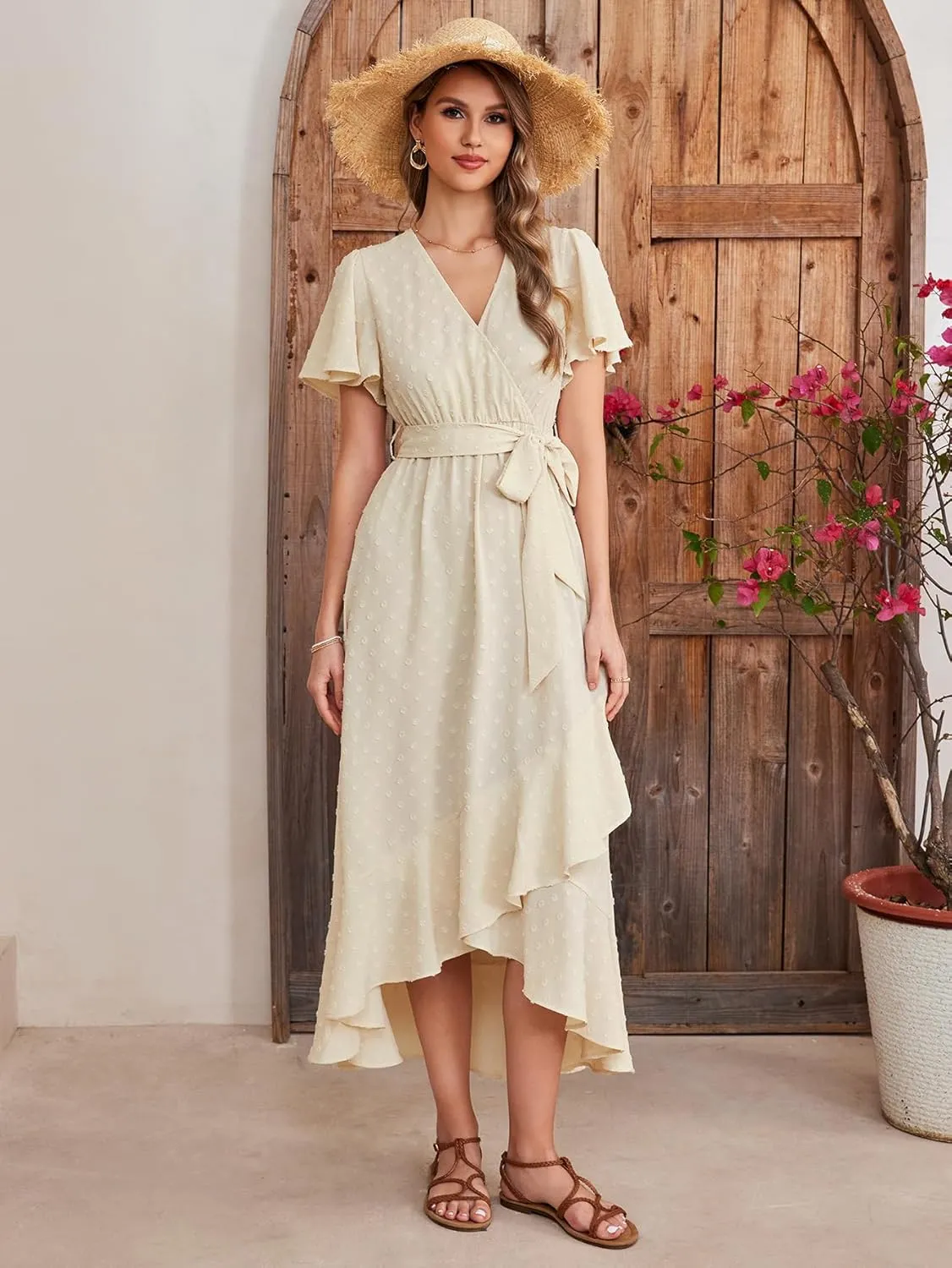 KUTUMAI Women 2024 Swiss Dot Maxi Dress V Neck Wrap Belted Ruffle A Line Flowy Boho Wedding Guest Long Dresses