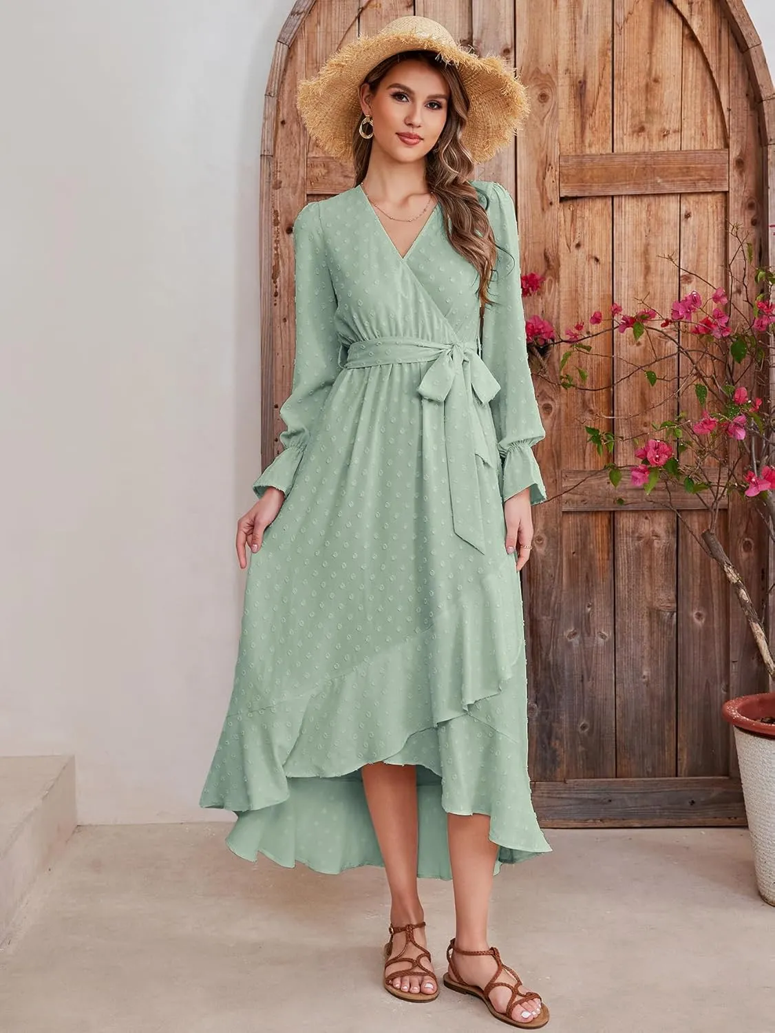 KUTUMAI Women 2024 Swiss Dot Maxi Dress V Neck Wrap Belted Ruffle A Line Flowy Boho Wedding Guest Long Dresses