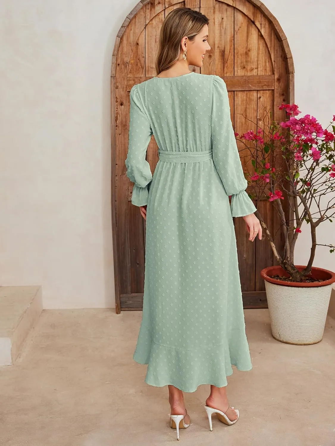 KUTUMAI Women 2024 Swiss Dot Maxi Dress V Neck Wrap Belted Ruffle A Line Flowy Boho Wedding Guest Long Dresses