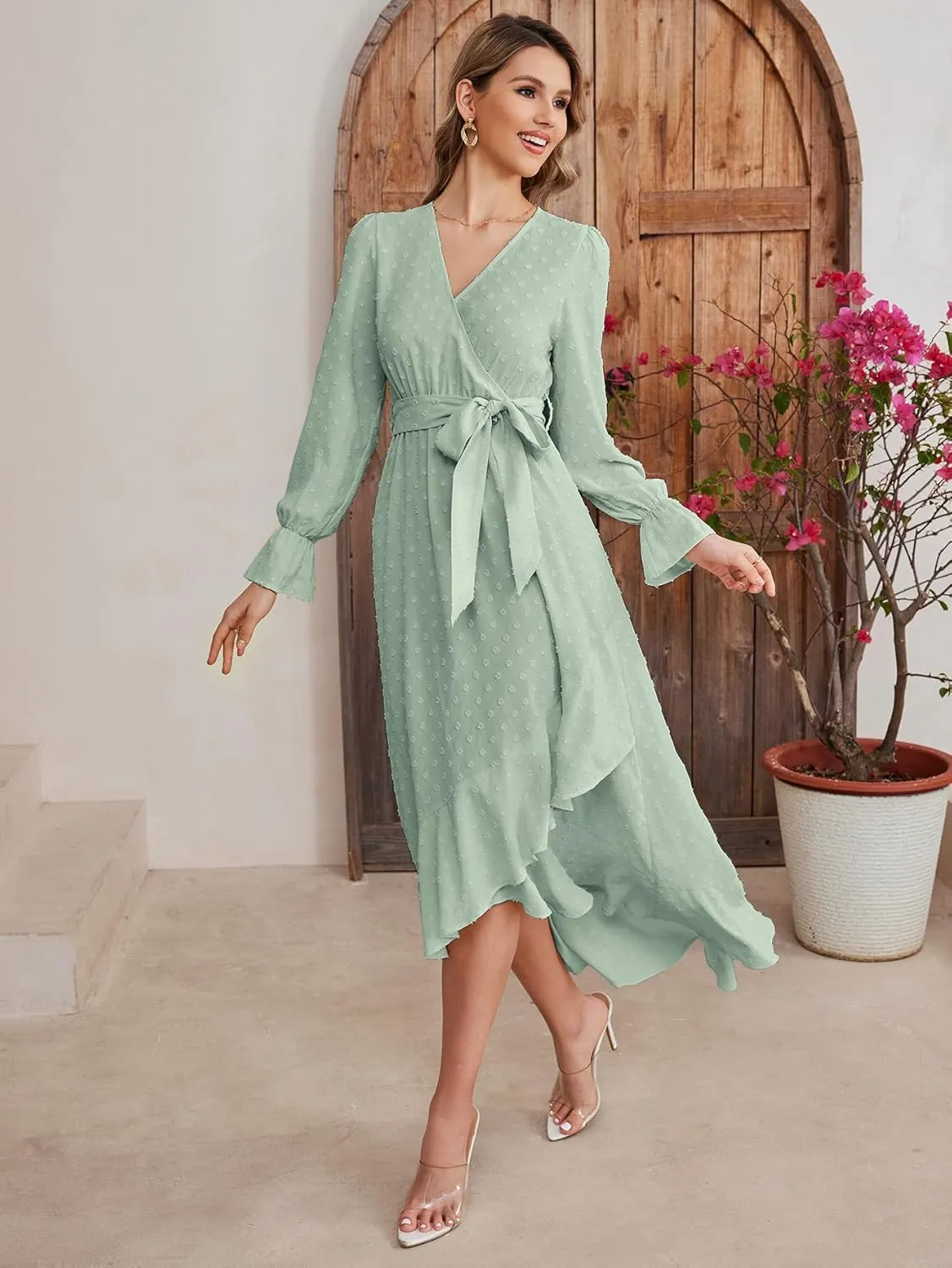 KUTUMAI Women 2024 Swiss Dot Maxi Dress V Neck Wrap Belted Ruffle A Line Flowy Boho Wedding Guest Long Dresses