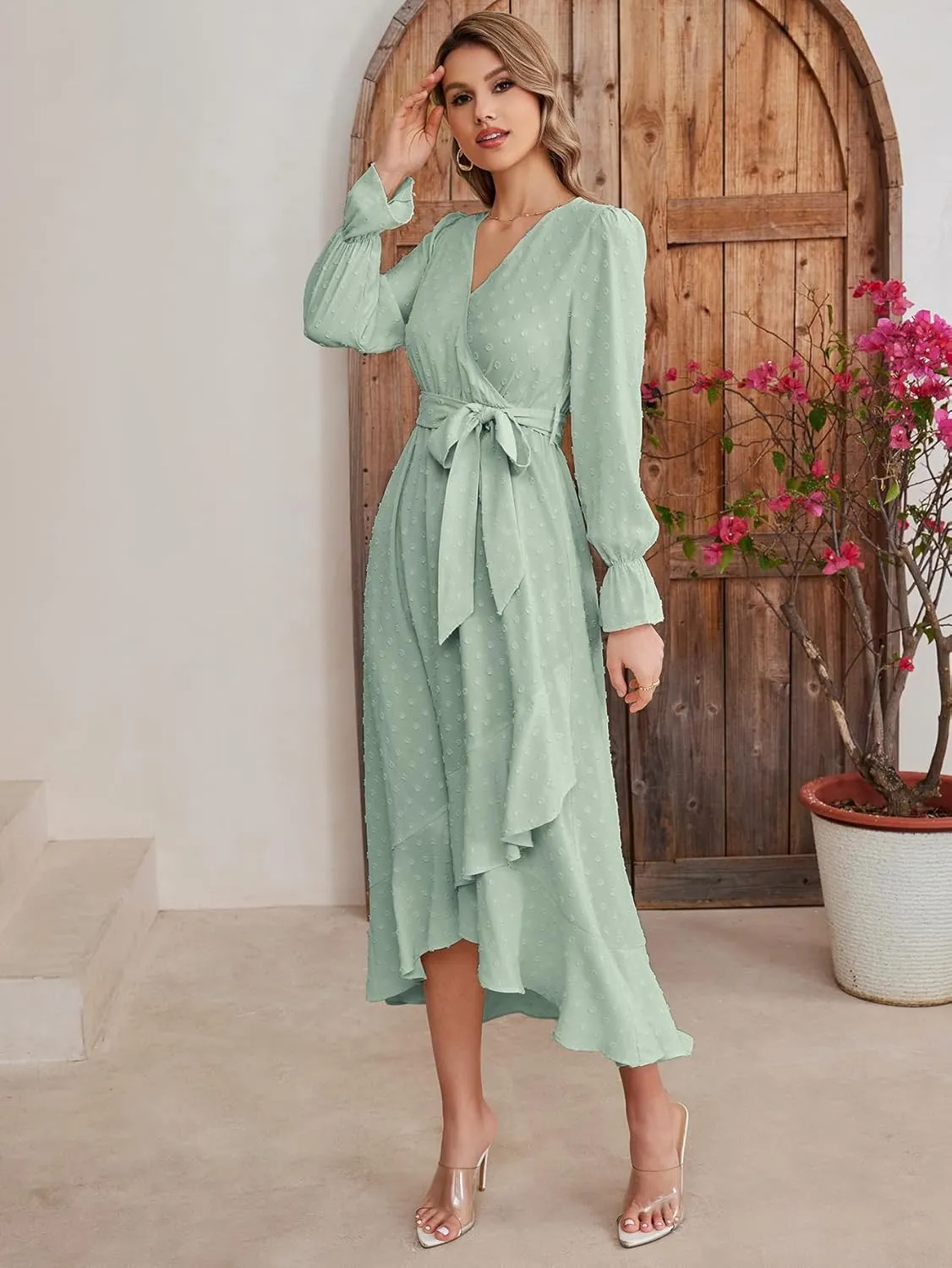 KUTUMAI Women 2024 Swiss Dot Maxi Dress V Neck Wrap Belted Ruffle A Line Flowy Boho Wedding Guest Long Dresses