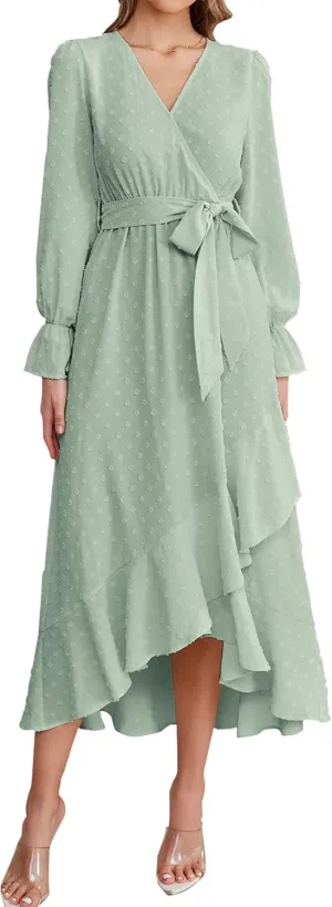 KUTUMAI Women 2024 Swiss Dot Maxi Dress V Neck Wrap Belted Ruffle A Line Flowy Boho Wedding Guest Long Dresses