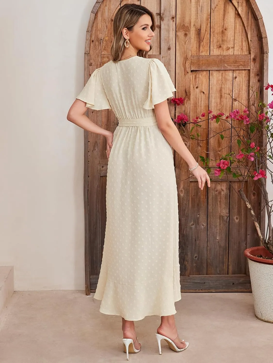 KUTUMAI Women 2024 Swiss Dot Maxi Dress V Neck Wrap Belted Ruffle A Line Flowy Boho Wedding Guest Long Dresses