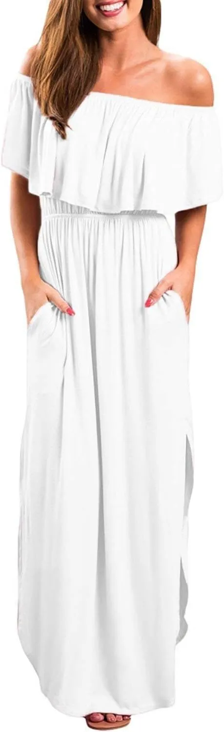 LILBETTER Womens Off The Shoulder Ruffle Party Dresses Side Split Beach Maxi Dress
