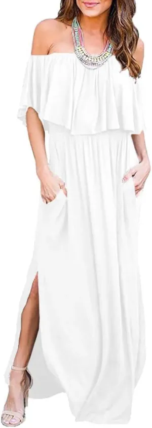 LILBETTER Womens Off The Shoulder Ruffle Party Dresses Side Split Beach Maxi Dress