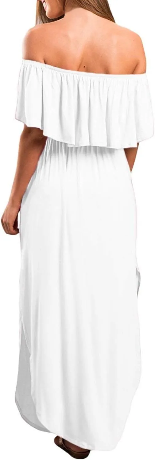 LILBETTER Womens Off The Shoulder Ruffle Party Dresses Side Split Beach Maxi Dress