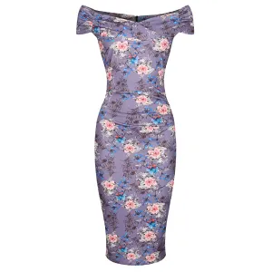 Mauve Floral Cap Sleeve Crossover Top Bardot Wiggle Dress