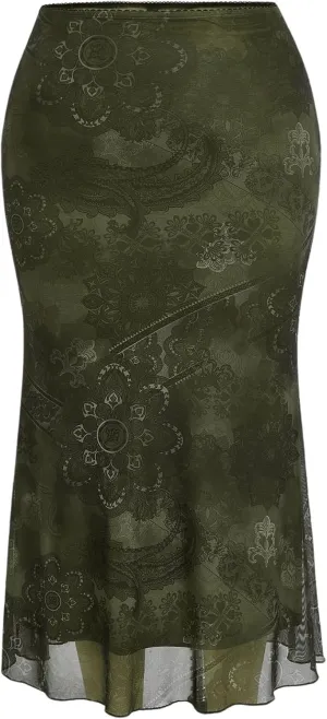 Milumia Women's Plus Size Vintage Floral Mesh Bodycon Skirt Grunge High Waist Long Skirt
