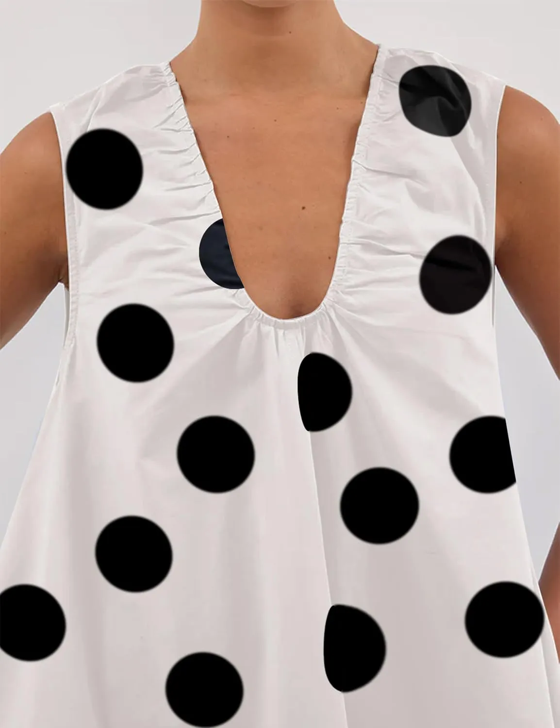 MISSACTIVER Women's Polka Dot Babydoll Mini Dress Scoop Neck Ruched Sleeveless Short Dress with Pocket Elegant Blouse Dresses