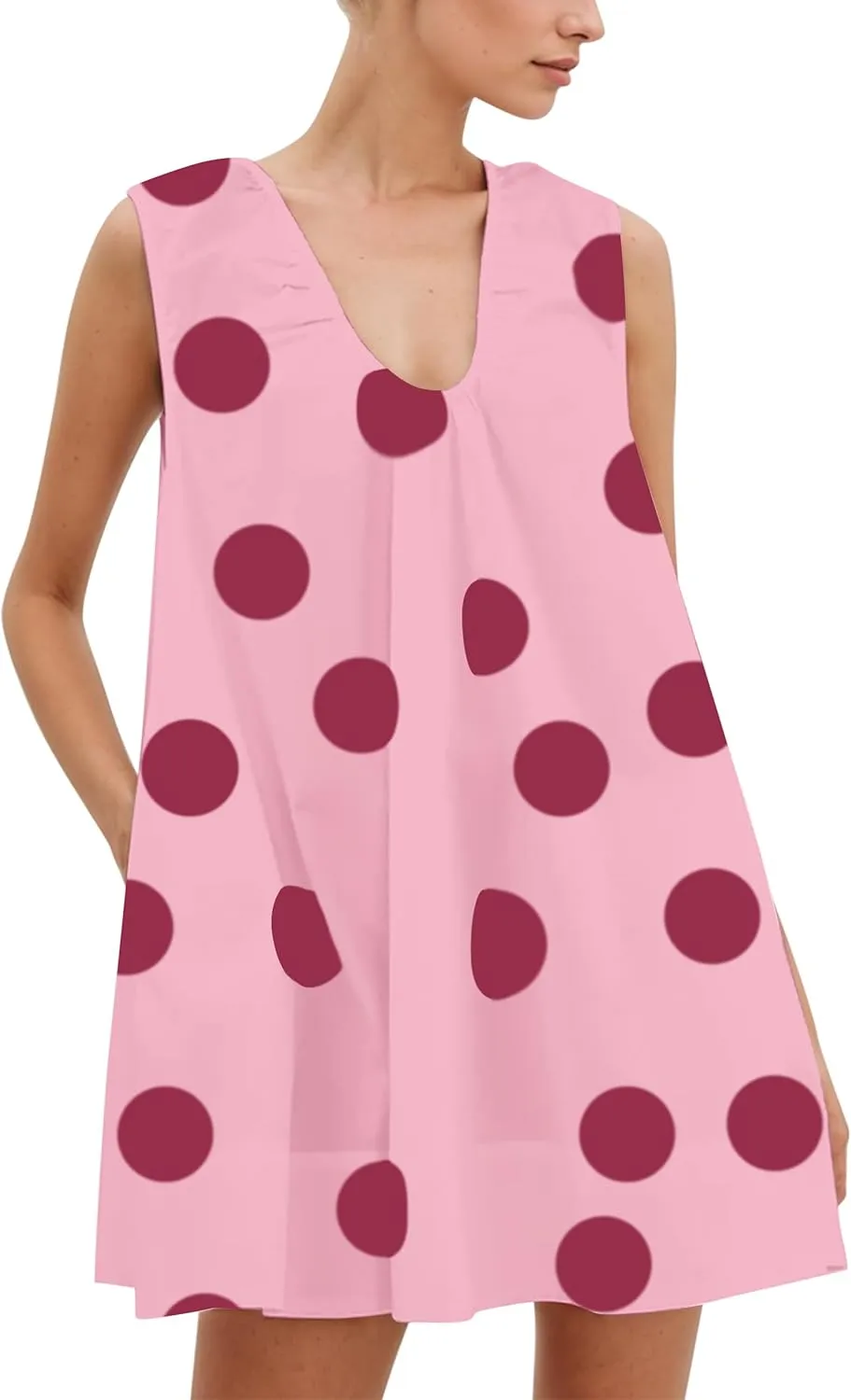 MISSACTIVER Women's Polka Dot Babydoll Mini Dress Scoop Neck Ruched Sleeveless Short Dress with Pocket Elegant Blouse Dresses